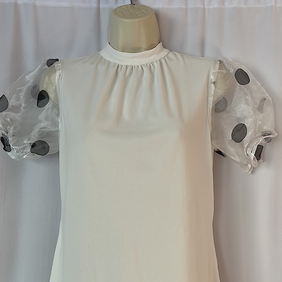 Luxology Classy White Polka Dot Puff Short Sleeve Shirt Top **Size S** - Picture 3 of 4